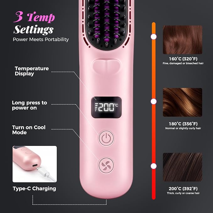 Go Brush Pro 2026, Cordless Hair Straightener Brush, Mini Hair Straightener with 3 Temperature Settings, Portable Hair Straightener Brush with MCH Heating and Ionic & Ceramic Care for Women (Pink)