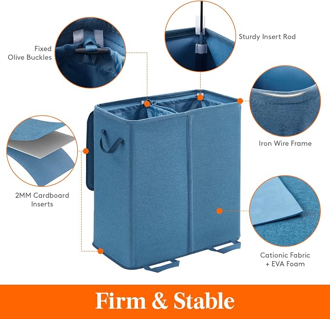 Lifewit Double Laundry Hamper with Lid and Removable Laundry Bags, Large Collapsible 2 Dividers Dirty Clothes Basket with Handles for Bedroom Laundry Room Closet Bathroom College, 136L Blue