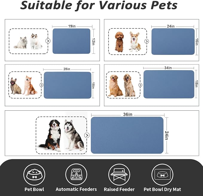 HotLive Dog Food Mat - Absorbent Cat Mat for Food and Water, No Stains Pet Feeding Bowl Mat, Easy to Clean Pet Placemats, Quick Dry Dog Water Dispenser Mat for Messy Drinkers | Blue 12"x 19"