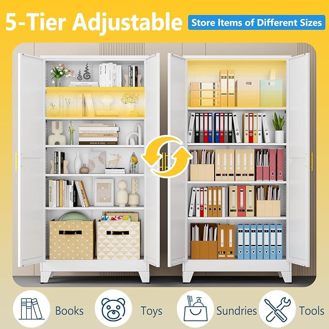 PAOFIN Metal Tall Storage Cabinet with 2 Doors and 5 Adjustable Shelves, 75" Metal Garage Storage Cabinets, File Cabinet,Steel Tool Cabinets for Home,Office,Garage,School,Warehouse (White)