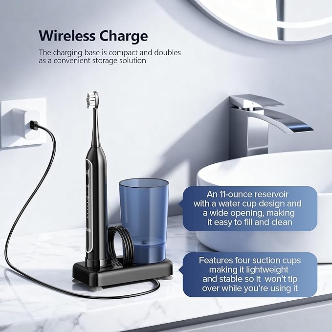 Electric Toothbrush with Water Flosser Combo for Teeth Brushing & Flossing, Sonic Electric Toothbrush for Adults, Cordless Water Flosser for Home & Travel, Portable Travel Case Included