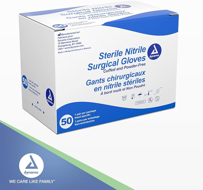Dynarex Sterile Nitrile Surgical Gloves, Powder Free, Size 6, 50 Pairs of Gloves, White, 6.0