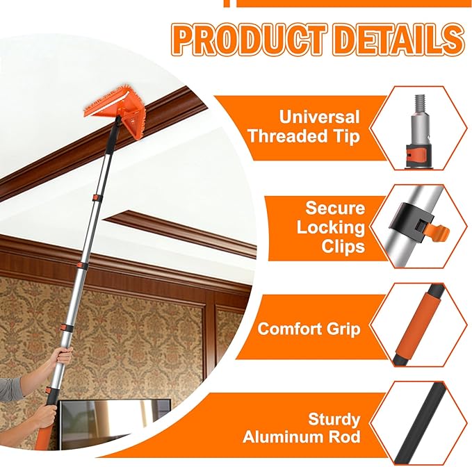 LAANPOLE 20FT Reach Dusters for Cleaning, Ceiling Fan Cleaner Duster with Extension Pole, Wall and Baseboard Cleaner Mop with Handle for Window Cobweb Fan Blade and High Ceiling