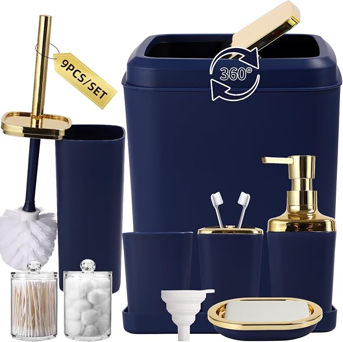 XLHOMO Bathroom Set, 9PC Bathroom Accessory Set, Blue Bathroom Accessories, Blue Bathroom Set, Trash Can, Soap Dispenser for Home Decor