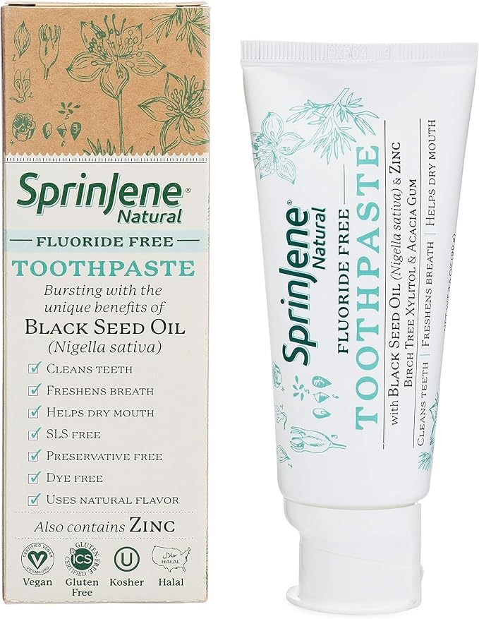 SprinJene Natural Toothpaste – Fluoride Free Clove & Mint Toothpaste for Healthy Gums & Fresh Breath – Gum Care with Patented Black Seed Oil & Zinc – Made in the USA (1 Pack)