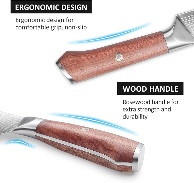 YOTSUBA Japanese Carving Knife and Fork Set, Razor-Sharp German Stainless Steel, Full Tang Ergonomic Rosewood Handle, Slicing Knife for Meats, BBQ & Brisket, Premium Gift