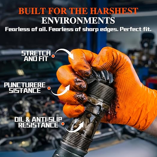 ANBOSON 10mil Nitrile-Gloves Disposable-Orange Chemical-Resistant Rubber - Mechanic Gloves Heavy Duty, Latex Free, Diamond Grip (100, Medium) | Diamond Grip,Latex Free,Chemical Resistant Disposable Thick Rubber Gloves for Auto Repair, Industrial, Food,...