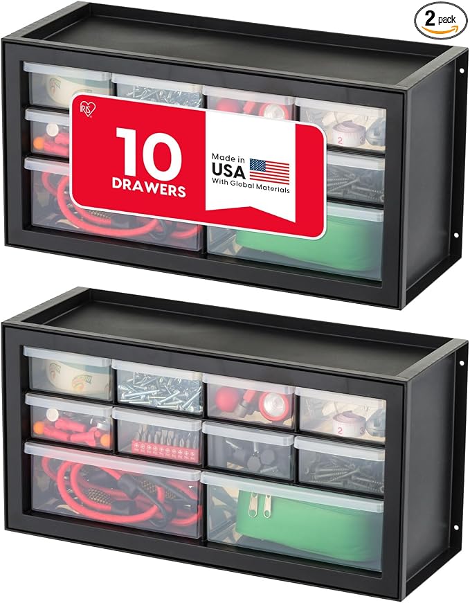 IRIS USA 10-Drawer Organizer (2 Pack), Made in USA, Teacher Toolbox, Plastic Storage Drawers, Stackable Organizer for Hardware, Small Parts, Craft, Bead, Screw, Nut and Bolt, Building Bricks, Black