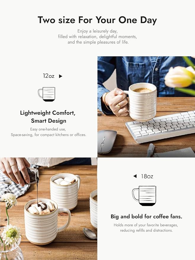 LE TAUCI Coffee Mugs 12 oz, Ceramic Coffee Cups for Latte, Hot Tea, Cappuccino, Mocha, Cocoa, Housewarming Wedding Present Mug Set - Set of 4, Arctic White