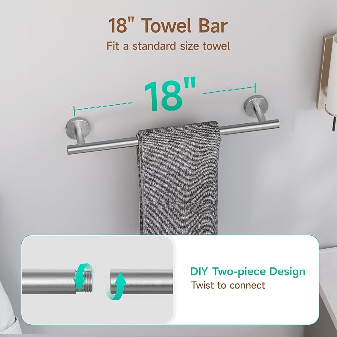 USHOWER Brushed Nickel Bathroom Hardware Set, Modern 18-Inch Towel Bar Set Wall Mounted, Durable SUS304 Stainless Steel Bathroom Accessories Set, 8-Piece