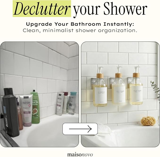 Shampoo and Conditioner Dispenser Wall Mounted Set of 3 Clear Bamboo - No Drill Shower Soap Dispenser for Bathroom Refillable - Spa Hotel Style Accessories by MaisoNovo | 500 ml Shower Gel Dispenser Set of 3. Refillable Shampoo and Conditioner Bottles....