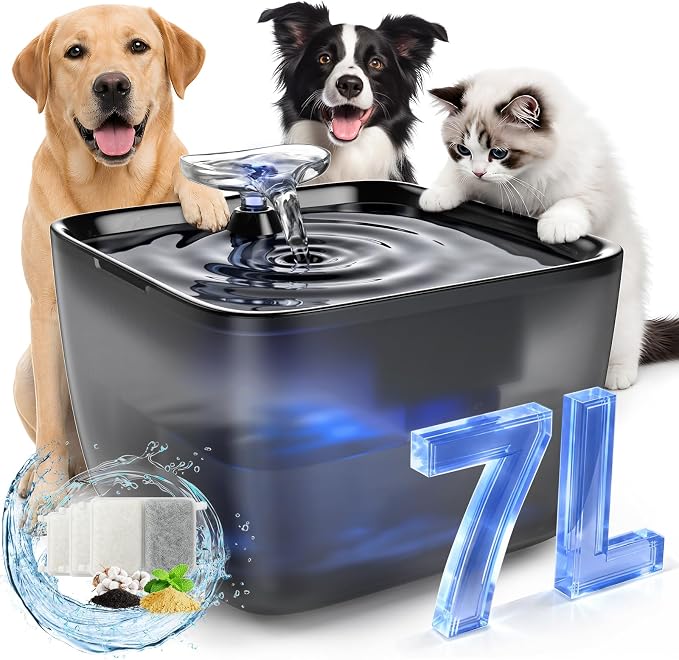 Pet Water Fountain for Large Dogs & Cats, 7L/1.84Gal, Quiet Automatic Pump | Large dog water bowl dispenser for multi-pet households,easy to clean,visible water level, no spill, recirculating system