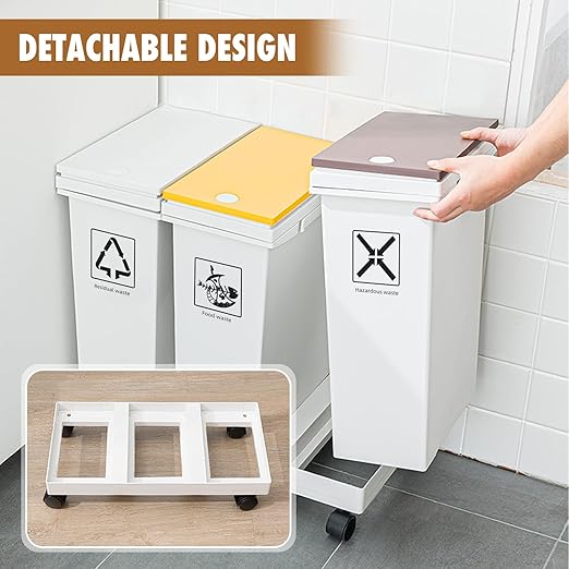 20L x 3 Compartment Trash Can with Wheels, 16 Gallon Recycling Bin and Rolling Garbage Can for Kitchen, Mobile Waste Separation System with Press-Open Lids & Detachable Containers for Home & Office