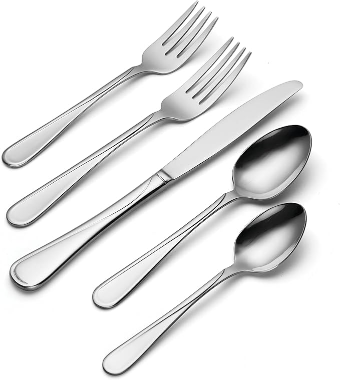 Oneida Silverware Set For 12, Flight 65-Piece Everyday Flatware Set with Serving Utensils, Service For 12, 18/0 Stainless Steel, Mirror Finish, Dishwasher Safe, Light Weight, Dining (Silver, 65 Piece)
