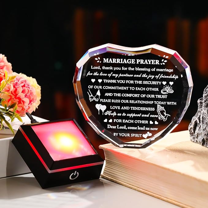 Arikyrist Wedding Gifts for Couples with Colorful LED Base 2026 Crystal Heart Anniversary Marriage Prayer Gifts, Newlywed Mr and Mrs Gift Decoration Sign Plaque Marriage Blessing Couple Bride Gift