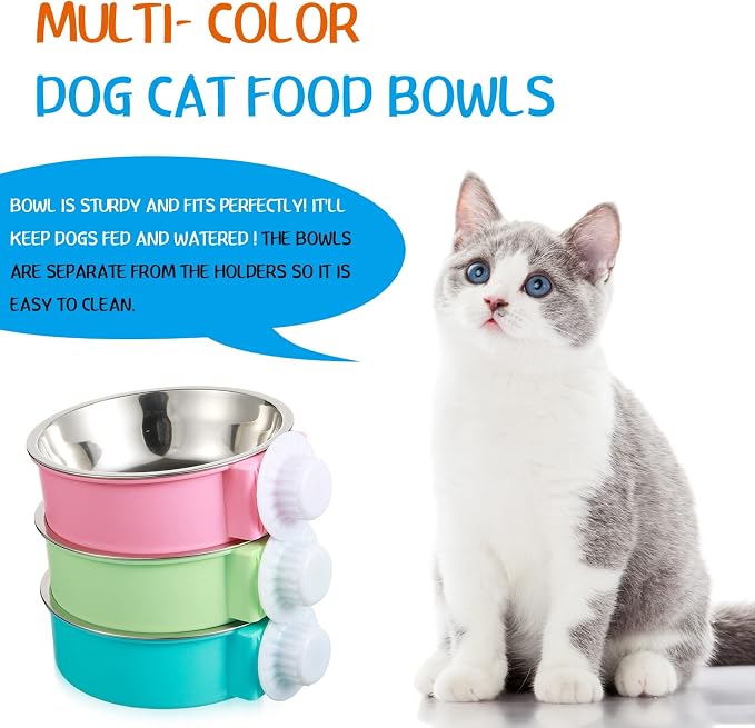 24 Pcs Crate Bowls Bulk Puppy Dog Bowls for Kennel Removable Stainless Steel Crate Water Bowl Kennel Hanging Food Feeders Coop Cup for Cat Puppy Rabbit Birds Ferret Guinea Pigs