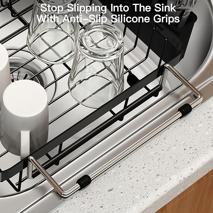 Dish Drying Rack Over The Sink with Utensil Holder | Expandable Stainless Steel Dish Drainer for Small Kitchen, Apartment, RV, Counter Space Saving, Perfect Fit, Rustproof