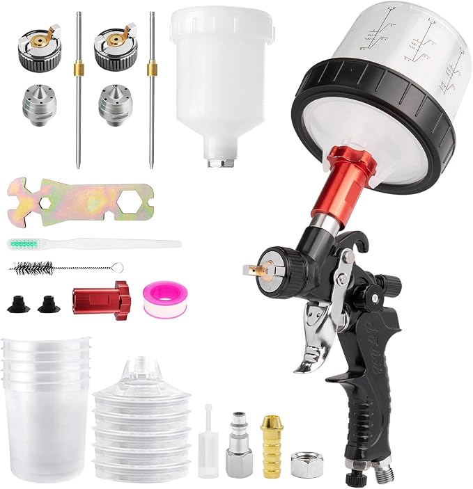 Mini HVLP Air Spray Gun with 0.8/1.0 mm Nozzles and 5pcs 200ML Disposable Paint Cups, 125 cc Cup Gravity Feed Air Paint Sprayer Touch UP Spray Gun for Car Furniture Painting, Detail Repair (Black)
