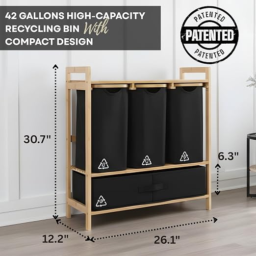4 Section Recycling Bin for Kitchen – Dual Trash and Recycle Bins for Paper, Plastic, Cans – Indoor Bamboo Recycling Organizer – Decorative Wooden Recycle Bins for Kitchen & Office