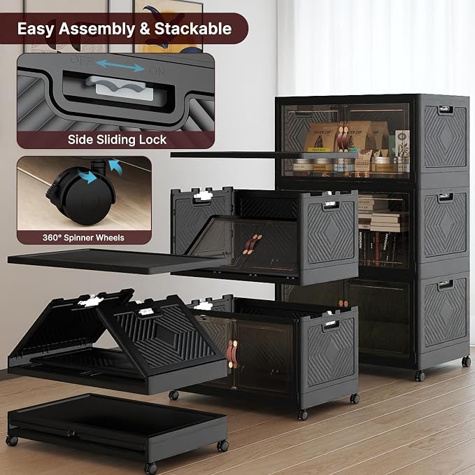 Stackable Storage Bins, 525QT Collapsible Drawers with 1 Lid | Large Capacity, Magnetic Door, Stack Lock, Rolling Wheels, Foldable Design, Organizers and Storage for Bedroom Dorm Garage