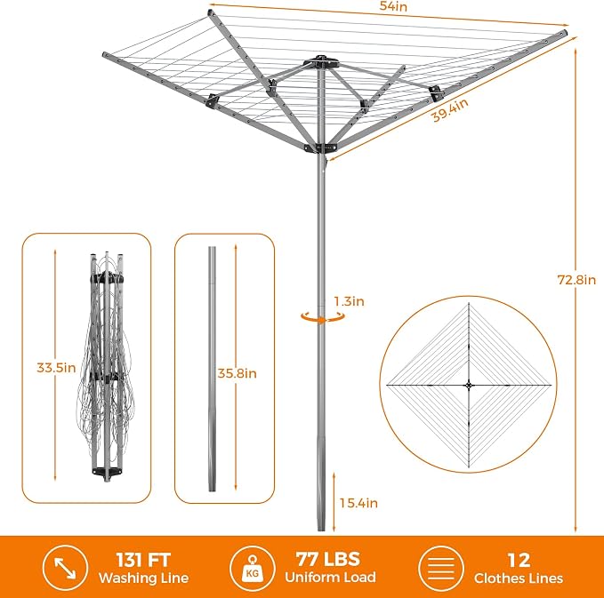 131FT Outdoor Umbrella Clothes Drying Rack | 131FT Metal Drying Rack Clothing, 4-Arm 360°Rotary, Collapsible Clothesline for Lawn Garden Backyard, 67.52" Height