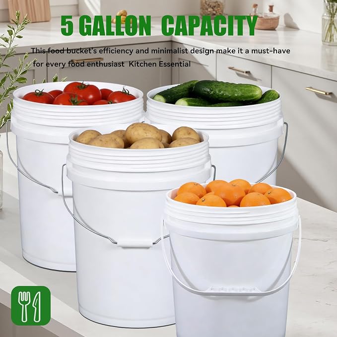 3 Pack 5 Gallon White Plastic Buckets with Lid & Metal Handle, 1 Pack 2.6 Gal Small Plastic Bucket with Spiral Lid & Handle Food Grade Storage Containers for Water, Cleaning, Halloween