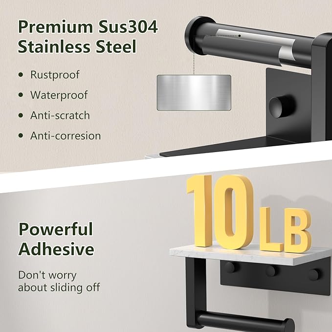 Marble Toilet Paper Holder with Shelf, Evolvegoods Matte Black Bathroom Toilet Paper Holder Wall Mount, 304 Stainless Steel Modern Toilet Paper Roll Holder Storage Tissue Holder