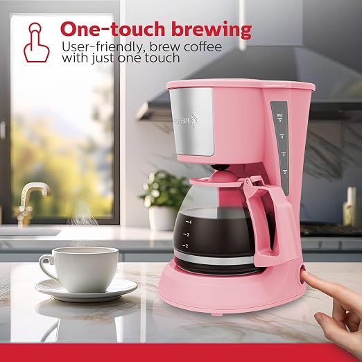 Holstein Housewares 5 Cup Drip Coffee Maker – Compact and User-Friendly with Auto Pause & Serve, Reusable Filter, Measuring Spoon & Glass Carafe, Office & Dorm Use, Pink