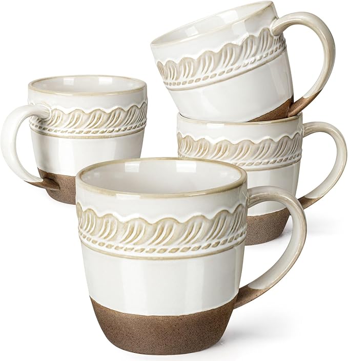Artena Ceramic Coffee Mugs Set of 4, 16oz Embossed Large Latte Mugs Coffee Cups with Handle for Tea, Latte, Cappuccino & Cocoa, Milk Dishwasher & Microwave Safe, White (Willow Leaf)