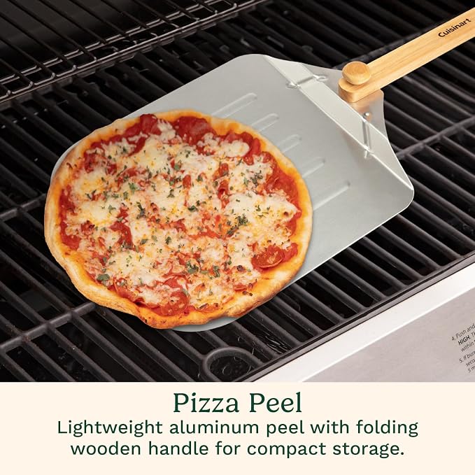 Cuisinart 3 Piece Deluxe Pizza Grilling Pack, 14” Round Pizza Stone for Oven and Grill, Includes Cutter and Foldable Stainless Steel Peel, Complete Set to Build Your Own Pizzas at Home