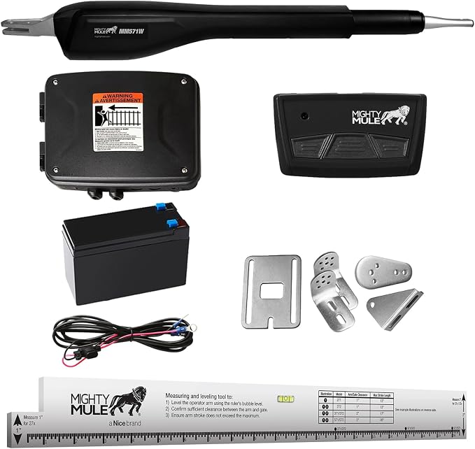 Mighty Mule Gate Opener, Solar Ready, Automatic Gate Opener for Single Swing Gates up to 850lb or 18ft, with Precision Installation Ruler, Upgraded Kit, MM571W-A