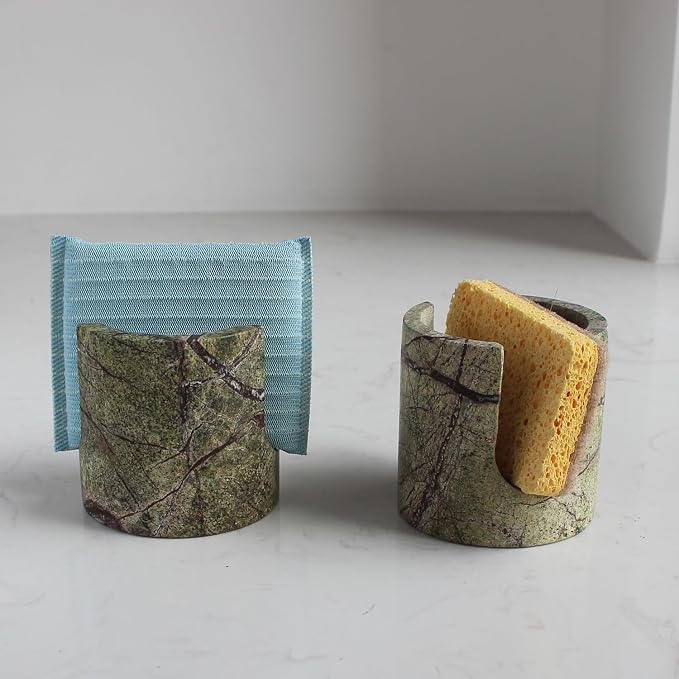 Nawgnail Natural Marble Travertine Sponge Holder for Kitchen Counter, Drying Rack, Sponge Caddy for Sink Organizer - Green Rainforest Marble