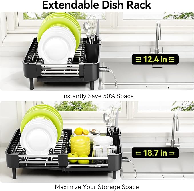 Urackify Stainless Steel Dish Drying Rack - Dish Drainer for Kitchen Counter, Extendable Drainboard with Foldable, Space-Saving Cup & Bowl Organizer, Includes Knife and Utensil Holder, Black