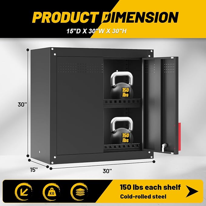 Eltean 30" Garage Wall Cabinet, Metal Wall Cabinet with Lock & Adjustable Shelf,Heavy-Duty Black Garage Storage Cabinet,Ventilated Metal Wall Cabinets for Workshop & Tools