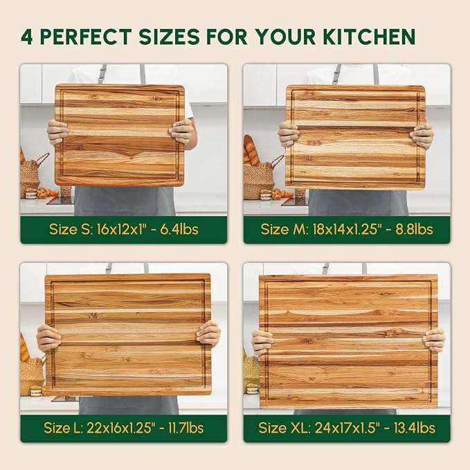 Large Teak Wood Cutting Board with Juice Groove (24x18x1.5", XL) | Durable extra large wooden cutting board for kitchen, butcher block, serving board, charcuterie platter. Gift box included