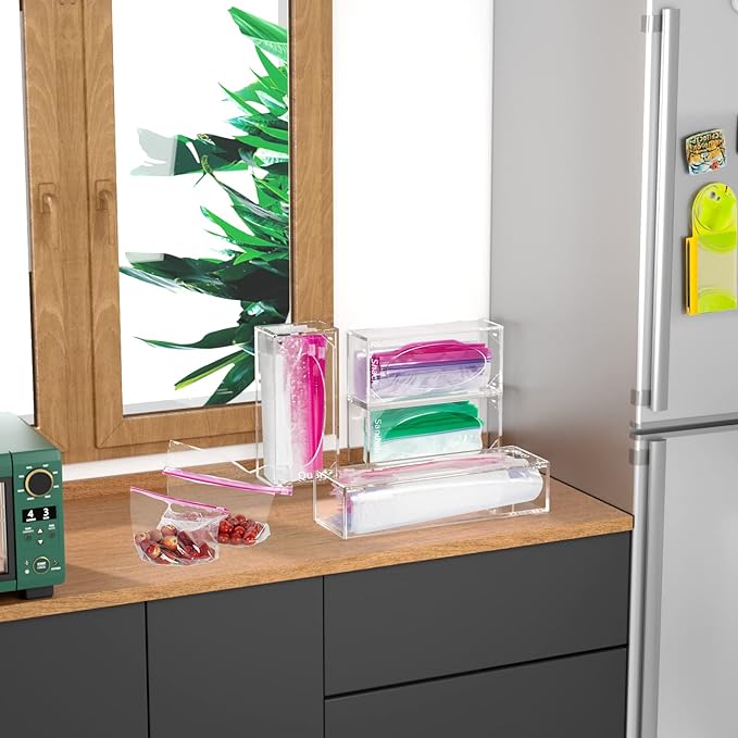 FEMELI Food Bag Storage Organizer Acrylic Kitchen Drawer Baggie Box Clear | 4 Separate Pack Compatible with Gallon, Slider Quart, Freezer, Sandwich, Snack, Variety Size Bags