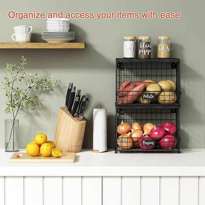 Goozii Black Kitchen Wall Hanging Storage Basket Set of 2, Rustic Stackable Kitchen Counter Fruit Organizer, Wire Baskets Container for Veggie, Garlic, Produce, Onion and Potato (Black Shelf)
