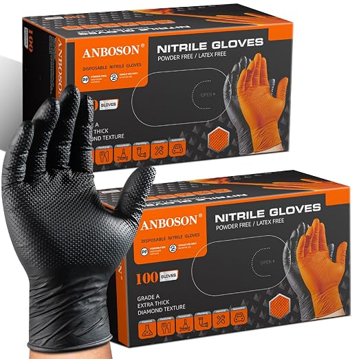 ANBOSON 10 Mil Heavy Duty Mechanic Nitrile Gloves, Medium Black 200 Count | Diamond Grip,Latex Free,Chemical Resistant Disposable Thick Rubber Gloves for Auto Repair, Industrial, Food, Work ,BBQ,Men