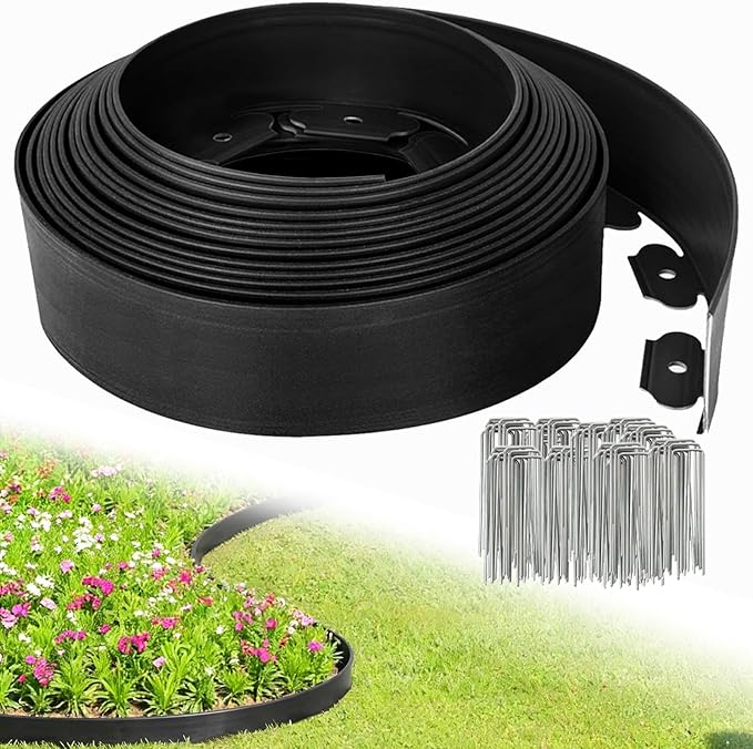 Landscape Edging 3in*115FT,Garden Edging Border with 175 Pcs Metal Spikes | Flexible Lawn Edging for Landscape, Garden, Flower Beds, Lawn, Yard, Pathway, Paver Edge-Black