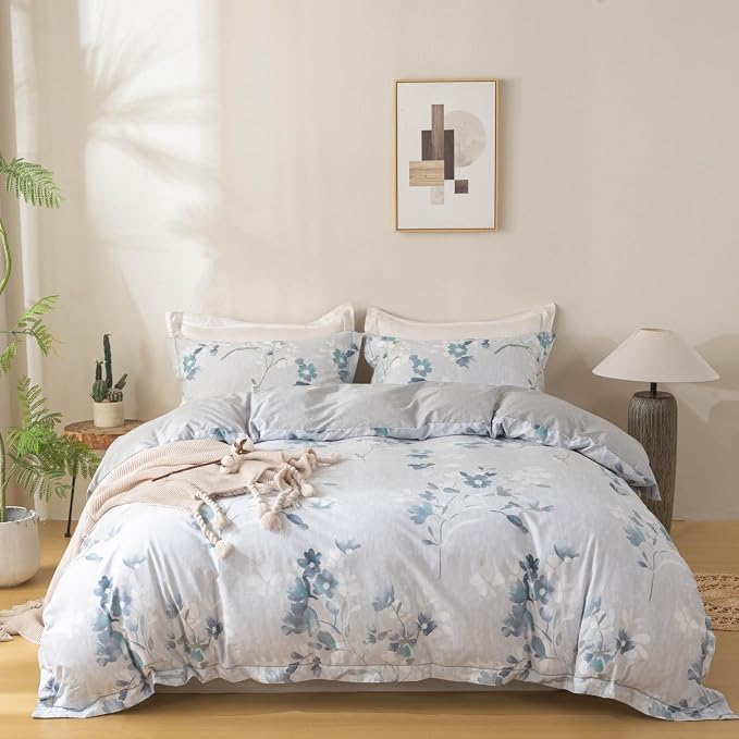 OAITE Duvet Cover Set Queen Size Floral Pattern Ultra Soft 100% Cotton Duvet Cover Sets 3-PC, Breathable Duvet Cover with Zipper Closure & Corner Ties(2 Pillow Shams,1 Duvet Cover)