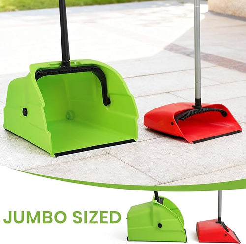 (3PK) Commercial Jumbo Heavy Duty Stand Up Debris Pan, Large Lobby Dustpan with Long Handle, Scooper for Outdoor Leaves Cleaning, Courtyards/Garage/Sidewalks-Professional Grade