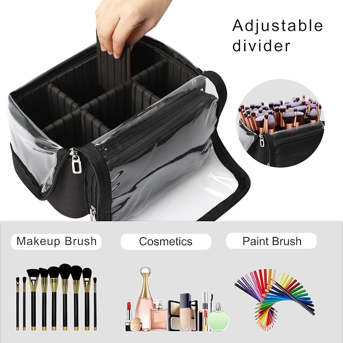 TANTO Makeup Brush Bag, Makeup Brush Holder Travel Extra Large Make up Brush Organizer Case Stand-up Makeup Cup Foldable Pro Cosmetic Artist Storage Bags with Adjustable Divide (01A-Black,X Large)