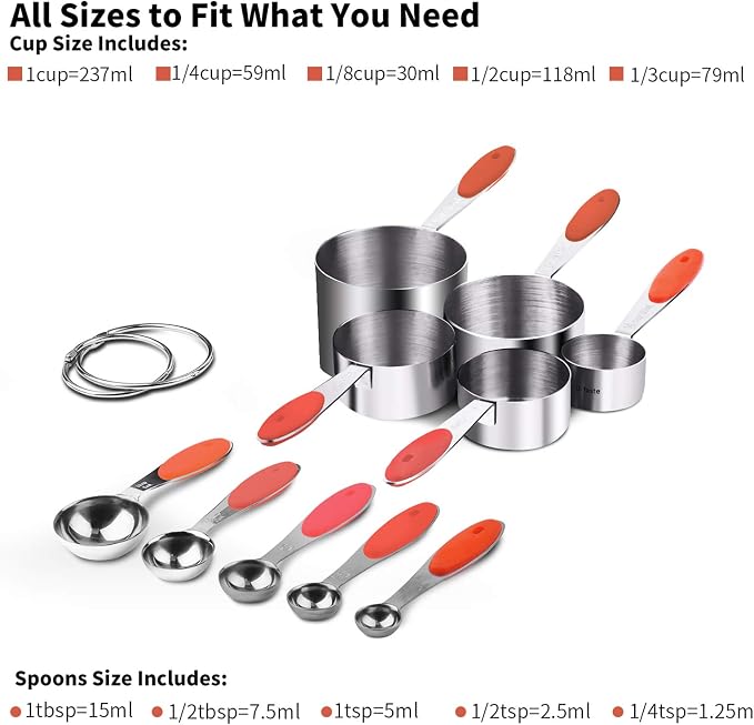 U-Taste 10 Piece Measuring Cups and Spoons Set in 18/8 Stainless Steel, and 18/8 Stainless Steel 3.9 inch 30 Mesh Strainer (Red)