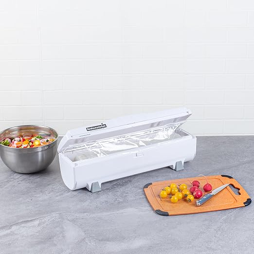 Restaurantware-Chef 101 Food Wrap Dispenser with Cutter, 1 Refillable Cling Wrap Dispenser - Fits 12” to 18” x 2000’ Rolls, Press Down and Cut, White Plastic Aluminum Foil, Sharp Blade