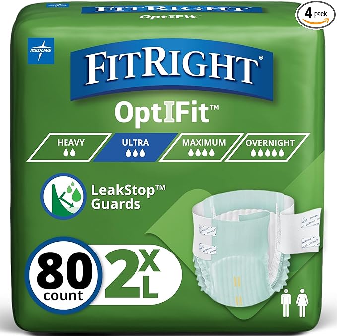FitRight Ultra Adult Diapers, Disposable Incontinence Briefs with Tabs, Heavy Absorbency, XX-Large, 60"-69", 4 packs of 20 (80 total)