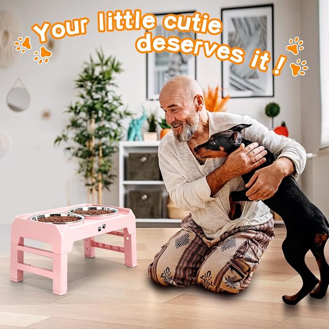 COMESOON Elevated Dog Bowls, 4 Height Adjustable Raised Bowl Stand with 2 Thick 50oz Stainless Steel Food Bowls Non-Slip Feeder Adjusts to 3.7'', 9.2'', 10.75'', 12.36'' Pink