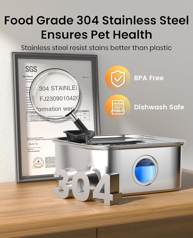 oneisall 10L/2.6Gal Dog Water Fountain for Large Dogs (with 5 Filters) | Deeper & Wider Drinking Area, Visualization Water Window & Triple Filtration,304 Stainless Steel