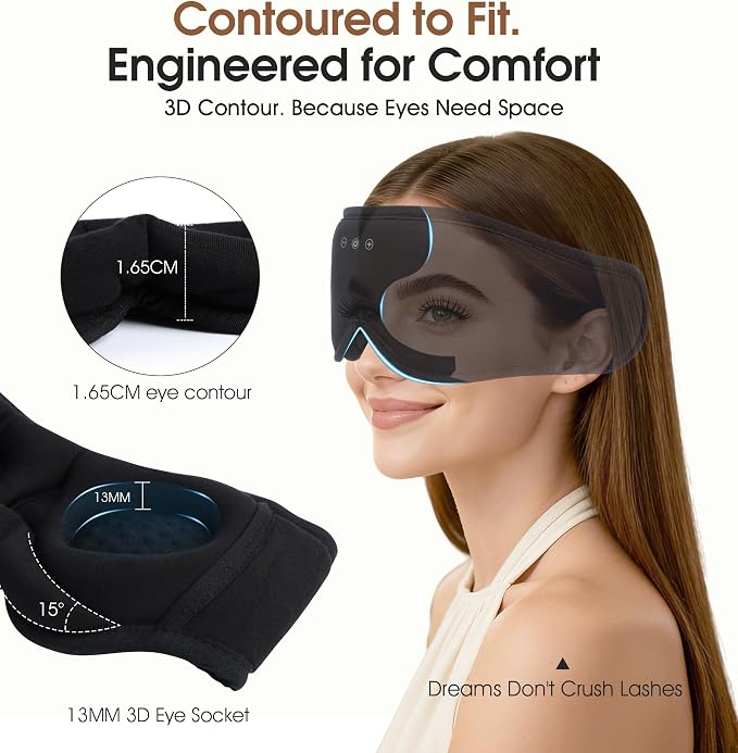 Bamboo Cotton Bluetooth Sleep Mask, 2 in 1 3D Soft Sleep Mask with Sleep Headphones, Sleep Eye Mask with Timming Setting, Blackout Sleeping Mask for Side Sleepers, Women Men, Black (Black)