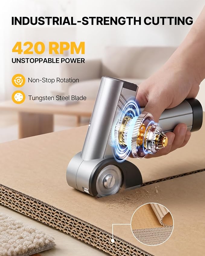 Electric Box Cutter, 4-Speed Cordless Electric Scissors for Heavy Duty Cardboard & Fabric, Rechargeable Cardboard Cutter with LED Light, Comes with a charging cable Storage Case & 2 Extra Blades（grey）