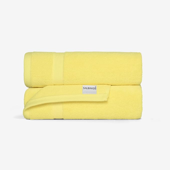 SALBAKOS 2-Piece 100% Turkish Cotton Bath Mat Towel, 20x34 inch, Yellow | Bathroom Floor Towels, Thick Soft Most Absorbent Quick-Dry Durable Large Size Foot Rug, Premium Hotel Quality Made in Turkey
